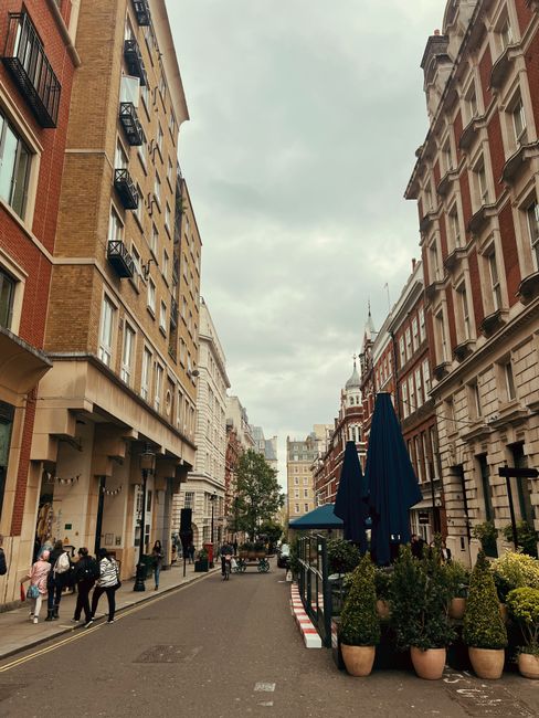 A city street scene during daytime featuring a narrow paved road flanked by tall, multi-story buildings constructed from brick and stone with decorative window elements. The left side shows a modern, beige-brick building with balconies, while the right side displays historic-style buildings with detailed facades, large windows, and ornate architectural details. Several pedestrians are walking along the sidewalk, some carrying bags or engaged in conversation. On the right, a small outdoor seating area is visible, with large navy blue umbrellas partially closed and arranged near potted plants with neatly trimmed green shrubs and decorative pots. A few trees are scattered along the street, adding greenery to the urban environment. The sky overhead is overcast with grey clouds, creating diffuse lighting across the scene, emphasizing the textures and colors of the buildings and street furniture, which reflect a typical central London neighbourhood with a mix of residential and commercial spaces often serviced by private waste removal companies like House Clearance Soho, who manage waste outside the scope of local authority collections.